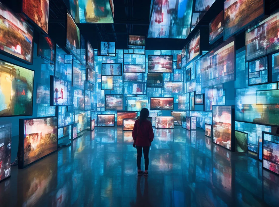 AI image of a person surrounded by AI videos