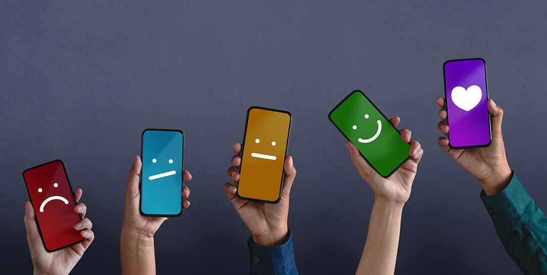 Customer experience marketing illustration of hands holding phones showing their customer satisfaction