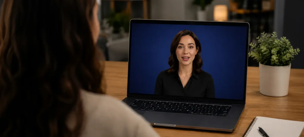 Woman watching AI avatar video