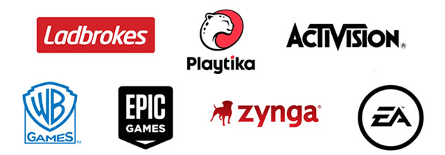 logos for Epic Games, Activision, Playtika, EA, Zynga, Ladbrokes, Warner Bros.
